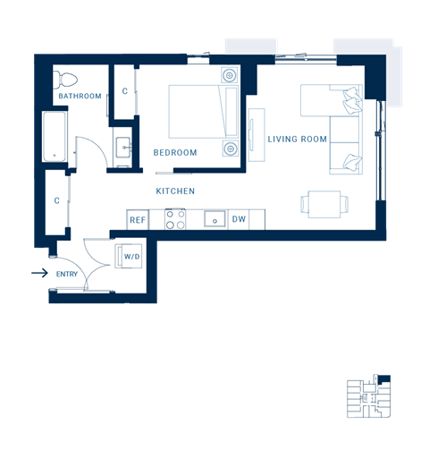 Floor plan for 1 bed, 1 bath, 522 sqft